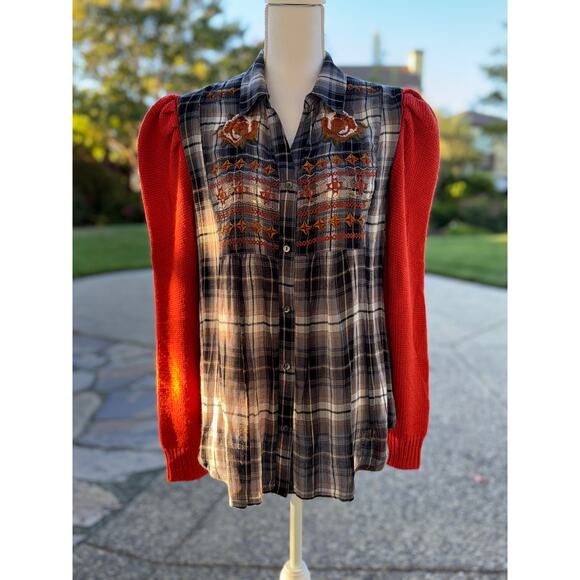 Upcycled Mystree Plaid Rayon Button Down with Sweater Puff Sleeves Size S-M - Picture 4 of 9